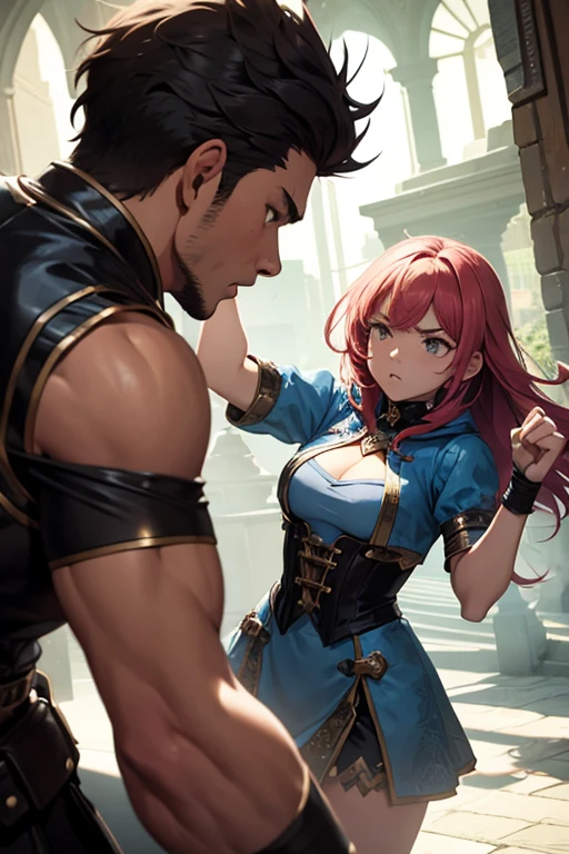 a man and a teenage girl are punching angrily at each other. they wear fantasy outfits.