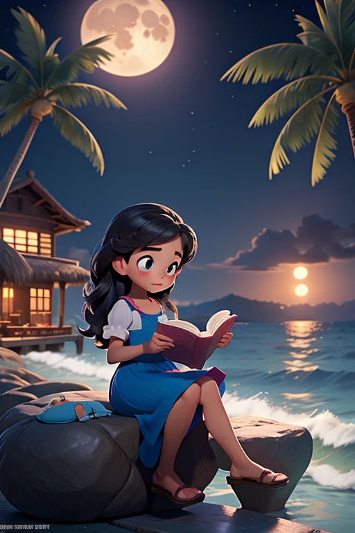 杰作, 最好的质量, 1 名女孩, 在海边的石墩上看书，夜晚，背景中的巨大满月，周围有一些可爱的兔子，椰子树，皮克斯风格，迪士尼风格，