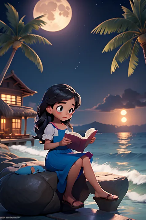 masterpiece, Best quality, 1 girl, Reading a book on a stone pier by the sea，night，Big full moon in the background，There are som...