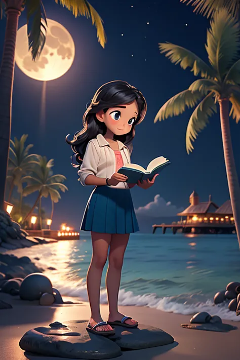 masterpiece, Best quality, 1 girl, Reading a book on a stone pier by the sea，night，Big full moon in the background，There are som...