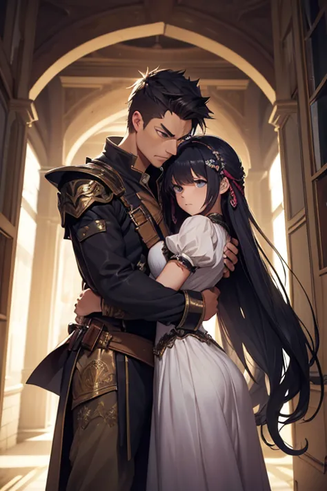 a man and a teenage girl are hugging angrily. They despise each other. they wear fantasy outfits.