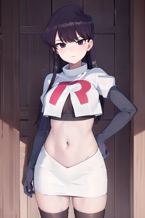 masterpiece, best quality, 1girl, solo, komi-san wa komyushou desu, looking at viewer, team rocket,team rocket uniform,white ski...