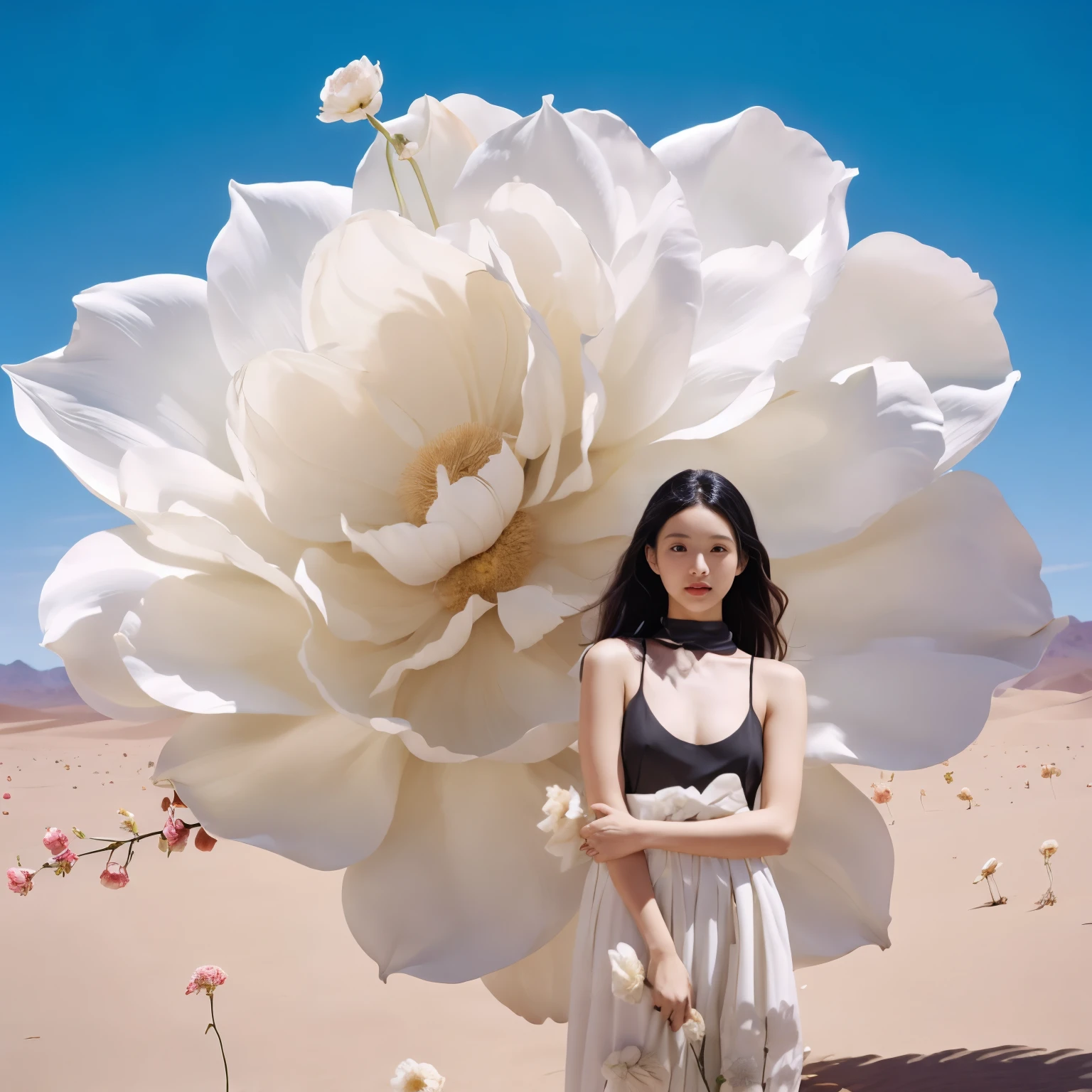 White长裙, White, White连衣裙, White连衣裙, Black Hair, Flowers, Blue sky, Standing, Sky, daytime, outdoor, Long hair flying