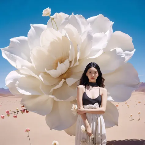 white长裙, white, white连衣裙, white连衣裙, black hair, flowers, blue sky, standing, sky, daytime, outdoor, long hair flying