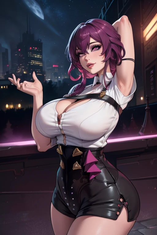 ((night:1.5)),outdoors, ((2d)), ((extremely detailed background)), ((kafka honkai )) ((kafka costumes style)), cityscape, city lights, cowboy shot,dynamic angle, standing, arms behind head, armpits, from side,,hair between eyes, hair ornament, cleavage, 1girl, purple hair, white social t-shirt, black shorts shirt, purple sun sphere glasses, solo,Beautiful Finger,Beautiful long legs,Beautiful body,(mature:1.1),(milf:1.1),(mature female:1.3),make up,parted lips,(shiny skin:1.3),(gorgeous detailed skin),(detailed hair), masterpiece, high quality, highres, absurdres,(beautiful and aesthetic:1.2), beautiful hand, (4K), 8k, perfect balance,(extremely detailed CG unity 8k wallpaper), perfect hand, smile ray_tracing,intricate details,depth of field, extremely delicate and beautiful,professional photography, bokeh, high resolution, sharp detail, best quality, (Beautiful,huge breasts), (beautiful_face), (narrow waist), curvy, thick thighs,