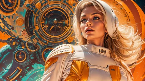 arafed image of a white woman in a futuristic suit with a spaceship in the background, movie art, in front of an orange backgrou...