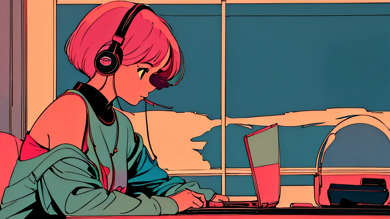 city pop style art, shoulder length pink Hair, fluffy bob cut, wearing headphones, Futuristic yet lofi, retro, vintage, Ghost,master piece, (( side shot)), sitting at the desk and concentrating on studying, Laptop and coffee on the desk, (( midnight )), (( looking down ))