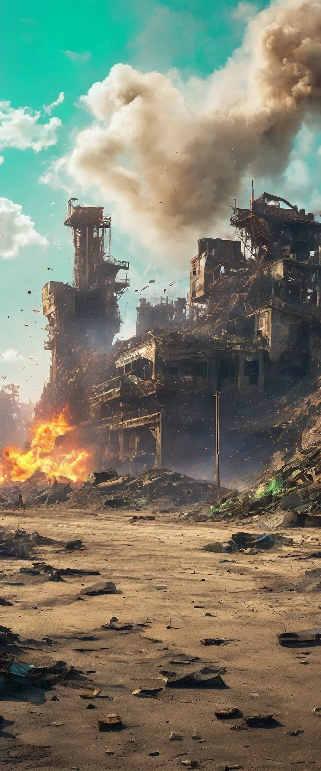 Post-apocalyptic wasteland:1.7, ((night, Dark: 1.6)), The backdrop of this masterpiece, Mad Max industrial style artifacts, epic.., showing a destructive scene, abandoned fabricated, broken walls , rubble, barrels with fire inside, darkness, it is night, desolation, wind flying earth, showing a destructive apocalyptic scene, sand, Best possible quality, 8K Ultra resolution, Stunning illustration, the best of all, Awarded, how to be the best , ((cyan, brown, green, white colors: 1.5)), epic desert setting: 1.5, photorealistic: 1.4, skin texture: 1.4, super masterpiece, super detailed, hyper detailed, 32K