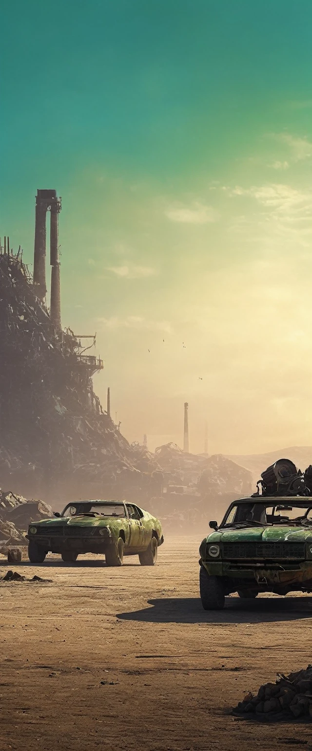 Post-apocalyptic wasteland:1.7, The backdrop of this masterpiece, Mad Max industrial style artifacts, epic, showing a destructive scene, abandoned factory, broken walls, rubble, barrels with fire inside, darkness, it is night, desolation, wind flying earth, showing a destructive apocalyptic scene, sand, Best possible quality, Ultra resolution 8K, Stunning illustration, best of all, Awarded, like being the best, leather jacket, pink sunglasses: 1.3, light ripped and frayed jeans, ((cyan, brown, green, white colors: 1.5) ), epic desert setting: 1.5, photorealistic: 1.4, skin texture: 1.4, super masterpiece, super detailed, hyper detailed, ((night, darkness: 1.6 )), 32K