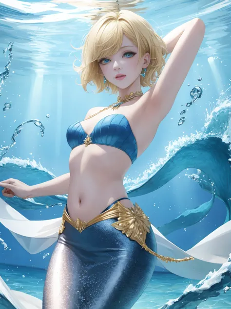 mermaid, 1girl, crossdressing, anime, beauty, small breasts, short hair, blonde hair, blue eyes, sea, underwater, ocean,