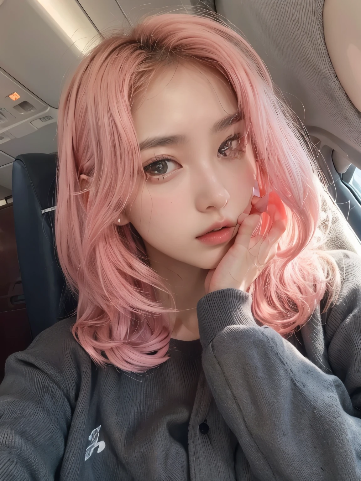 arafed asian woman with pinkes Haar sitting in a plane, with pinkes Haar, flowing pinkes Haar, Blackpinks Roseanne Park, glattes rosa Haar, light pinkes Haar, pinkes Haar, pinkes Mädchen, ulzzang, tono de piel Rosa Pastell, (rosa Farben), Rosa Pastell, rosa Gesicht, long flowing pinkes Haar, Kaugummihaare, rosa Ton, glowing rosa Gesicht, Jung Eunbi, EUNHA VON VIVIZ