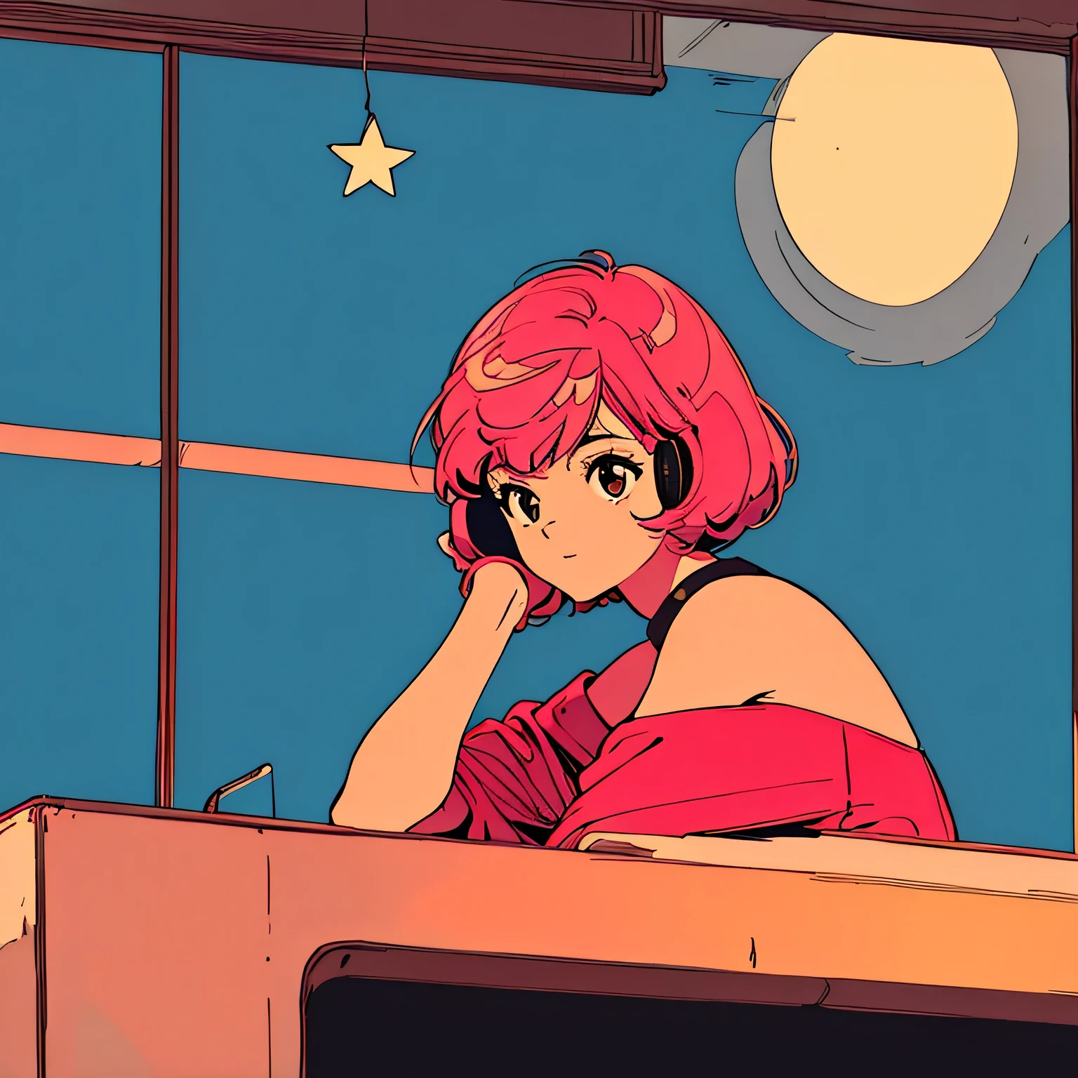 city pop style art, shoulder length pink Hair, fluffy bob cut, wearing headphones, Futuristic yet lofi, retro, master piece, (( side shot)), sitting at the desk and concentrating on studying, Laptop and coffee on the desk, (( midnight )), There are many stars outside the window) (( looking down ))