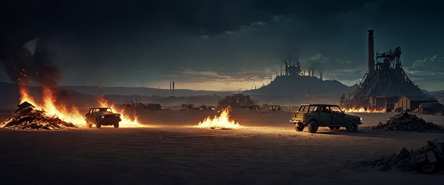 Post-apocalyptic wasteland:1.7, The backdrop of this masterpiece, Mad Max industrial style artifacts, epic, showing a destructive scene, abandoned factory, broken walls, rubble, barrels with fire inside, darkness, it is night, desolation, wind flying earth, showing a destructive apocalyptic scene, sand, Best possible quality, Ultra resolution 8K, Stunning illustration, best of all, Awarded, like being the best, leather jacket, pink sunglasses: 1.3, light ripped and frayed jeans, ((cyan, brown, green, white colors: 1.5) ), epic desert setting: 1.5, photorealistic: 1.4, skin texture: 1.4, super masterpiece, super detailed, hyper detailed, ((night, darkness: 1.6 )), 32K