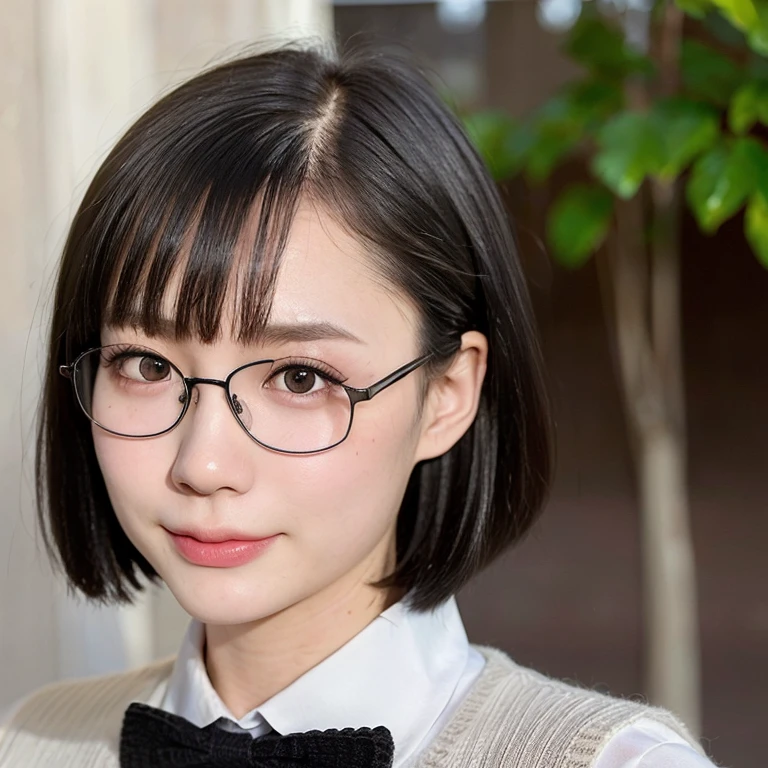 (kawaii 24year-old Japanese girl, Nogizaka idol, Korean idol), (glossy black hair, very short hair, pixie cut:1.3), (rounded face, black eyes, single eyelid, no makeup, soft smiling:1.2), (wearing glasses, highschool uniforms, earth colored knitted vest, silky white collared shirt, bow tie:1.3), (flat chest, extra small breasts:0.8), (looking at viewer:1.2), BREAK, (sunny day outside background:1.3), (view from forward, portrait, close shot:1.3), BREAK, (masterpiece, best quality, photo realistic, official art:1.4), (UHD, 8K quality wallpaper, high resolution, raw photo, golden ratio:1.2), (shiny skin), professional lighting, physically based rendering, award winning, (perfect anatomy, highly detailed skin, extremely detailed face and eyes), Carl Zeiss 85 mm F/1.4, depth of field, 1girl, solo,