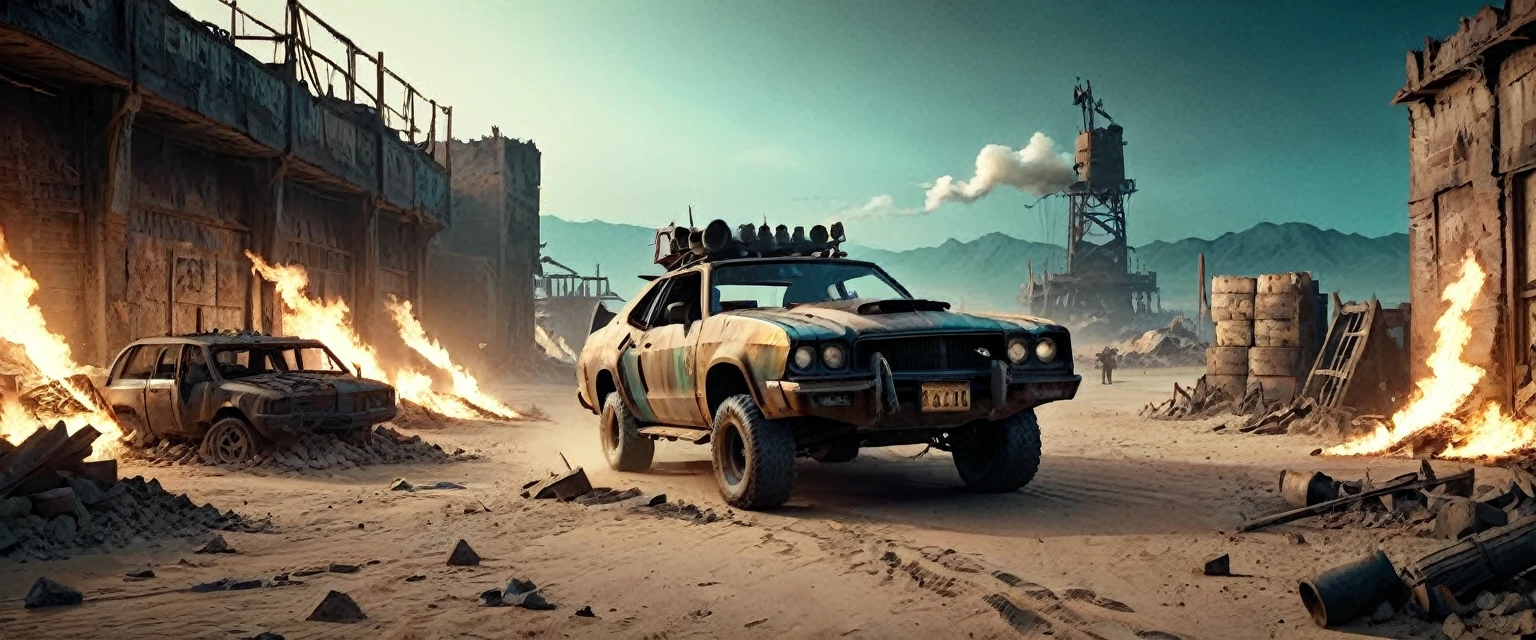 Post-apocalyptic wasteland:1.7, The backdrop of this masterpiece, Mad Max industrial style artifacts, epic, showing a destructive scene, abandoned factory, broken walls, rubble, barrels with fire inside, darkness, it is night, desolation, wind flying earth, showing a destructive apocalyptic scene, sand, Best possible quality, Ultra resolution 8K, Stunning illustration, best of all, Awarded, like being the best, leather jacket, pink sunglasses: 1.3, light ripped and frayed jeans, ((cyan, brown, green, white colors: 1.5) ), epic desert setting: 1.5, photorealistic: 1.4, skin texture: 1.4, super masterpiece, super detailed, hyper detailed, ((night, darkness: 1.6 )), 32K