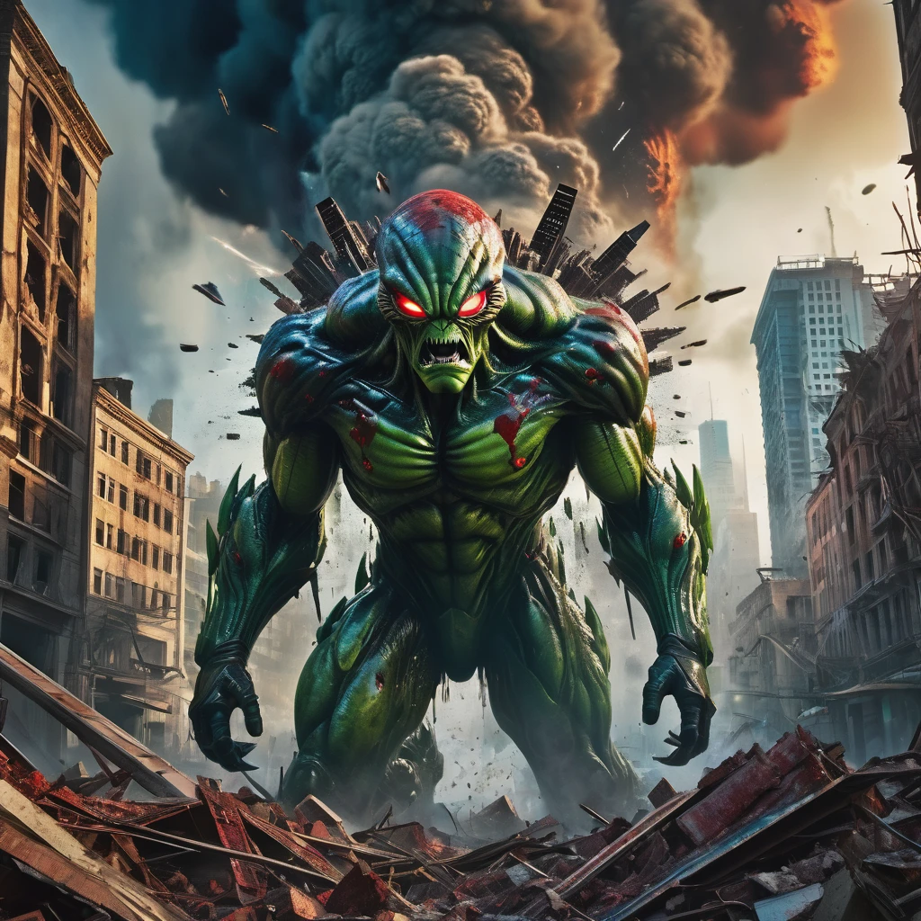 An alien city lies in ruins, Omni Man (from series Invincible) in torn and ragged uniform, smeared with green blood, angry look on his face, other superheroes battling against monstrous creatures, buildings crumbling and smoke rising in the background, vibrant colors and high contrast, dramatic lighting, surreal and post-apocalyptic atmosphere, dynamic brushstrokes creating a sense of movement and chaos, intricate details capturing the destroyed architecture and alien technology, epic scale with massive structures towering over the scene, cityscape stretching into the horizon, intense emotions and tension depicted through facial expressions and body language, cinematic composition invoking a sense of awe and despair, otherworldly creatures lurking in the shadows, energy bolts and explosions filling the sky, dark and ominous color palette adding to the sense of danger, remnants of civilization hinting at a rich history and advanced society, a sense of both beauty and destruction, evoking a mix of wonder and fear. (best quality, 4k, 8k, highres, masterpiece:1.2), ultra-detailed, (realistic, photorealistic, photo-realistic:1.37), HDR, UHD, studio lighting, ultra-fine painting, sharp focus, physically-based rendering, extreme detail description, professional, vivid colors, bokeh, portraits, concept artists.