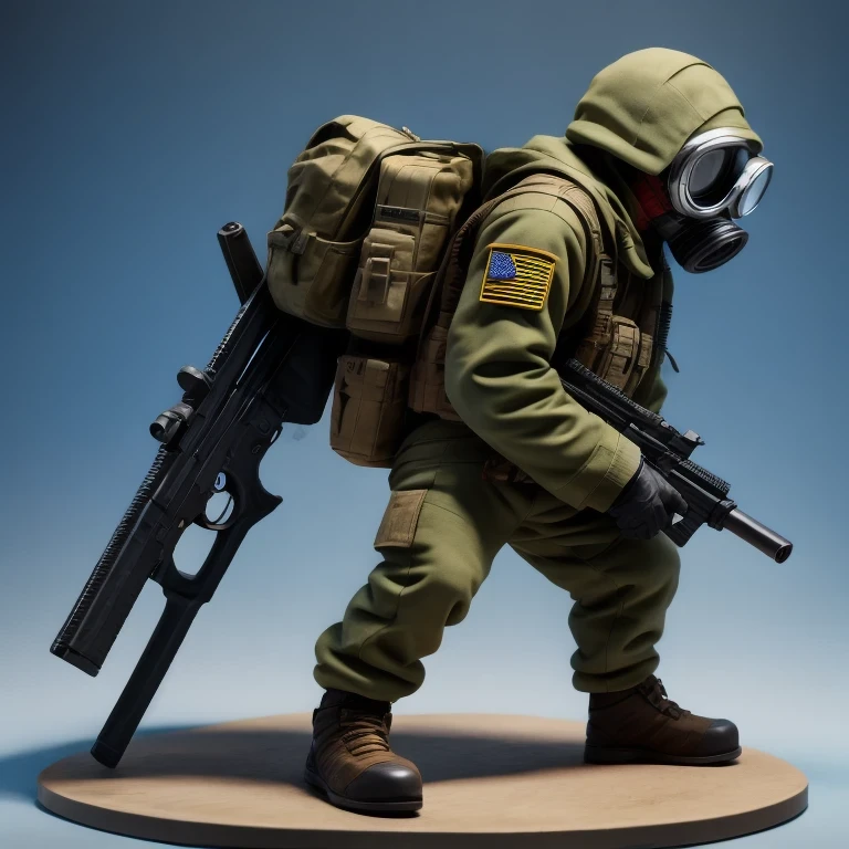 （（seitlicher Winkel））Alafud Soldat with gas mask and gun, Platzieren Sie Spielzeug, Guerilla, Vinyl-Spielzeugfigur, Hochdetailliertes Spielzeug, Zukünftige Kampfausrüstung, Stop-Motion-Vinylfiguren, Soldat, Marmoset-Rendering, Tarnausrüstung, Octane-Rendering“, Octane-Rendering“, Ninja, Vinyl-Actionfiguren, kleiner Charakter. Unwirkliche Engine 5,(((Reiner Baumwollplüsch)))