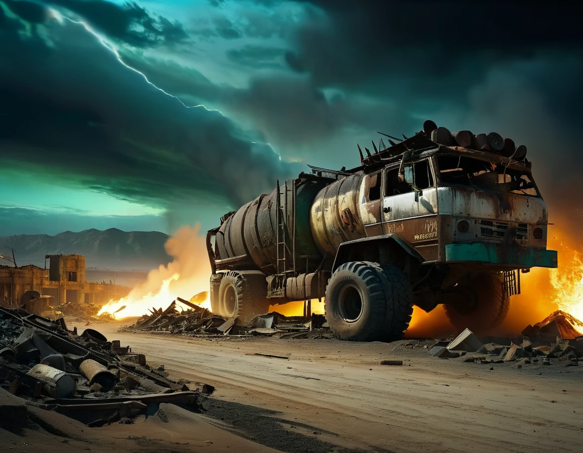 Post-apocalyptic wasteland:1.7, ((night, Dark: 1.7)), The backdrop of this masterpiece, Mad Max industrial style artifacts, epic.., showing a destructive scene, abandoned fabricated, broken walls , rubble, barrels with fire inside, darkness, it is night, desolation, wind flying earth, showing a destructive apocalyptic scene, sand, Best possible quality, 8K Ultra resolution, Stunning illustration, the best of all, Awarded, how to be the best , ((cyan, brown, green, white colors: 1.5)), epic desert setting: 1.5, photorealistic: 1.4, skin texture: 1.4, super masterpiece, super detailed, hyper detailed, well-defined light and shadows, 32K