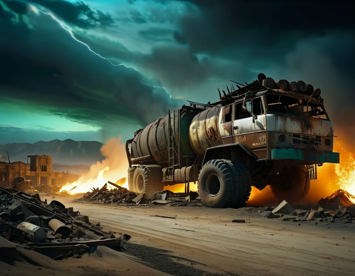 Post-apocalyptic wasteland:1.7, The backdrop of this masterpiece, Mad Max industrial style artifacts, epic, showing a destructive scene, abandoned factory, broken walls, rubble, barrels with fire inside, darkness, it is night, desolation, wind flying earth, showing a destructive apocalyptic scene, sand, Best possible quality, Ultra resolution 8K, Stunning illustration, best of all, Awarded, like being the best, leather jacket, pink sunglasses: 1.3, light ripped and frayed jeans, ((cyan, brown, green, white colors: 1.5) ), epic desert setting: 1.5, photorealistic: 1.4, skin texture: 1.4, super masterpiece, super detailed, hyper detailed, ((night, darkness: 1.6 )), 32K