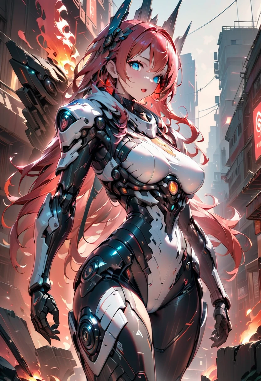 Exoskeleton mech，afofuturism，Gold and red theme style，offcial art，Unity 8k wallpaper，Hyper-detailing，Master masterpieces，，Best quality at best，A woman who is，（The is very detailed），（RAW photos，best qualtiy），（Realistis，realisticlying：1.3），High- sharpness，Open Your Mouth Lightly，Ultra detailed complex 3D rendering of the face，Mecha back，（highly detailedskin：1.2），），Beautiful Caucasian Woman，Soft breasts and fair skin ，Black color hair，eBlue eyes，long whitr hair，，dynamic angle，Mysterious expressions，fire glow effect，Fantasy background，edge lit，Side brightness，cinematric light，hyper HD，8K，filmgrain，Best shadow，light particules，detailed skin textures，Detailed jewel armor texture，detailed face with，with intricate detail，ultra - detailed，brightly，sturdy，Silver armor，，Slender abs， have glowing weaponecha shield，pole，（Beautiful huge mech crown with details）），shinning eyes，long cape，fanciful,,,,,（Realistis），3D, A beautiful cyberpunk female image,hdr（HighDynamicRange）,Ray traching,NVIDIA RTX,Hyper-Resolution,Unreal 5,Subsurface scattering、PBR Texture、post-proces、Anisotropy Filtering、depth of fieldaximum definition and sharpnesany-Layer Textures、Albedo e mapas Speculares、Surface coloring、Accurate simulation octane rendering of light-material interactions、Two-colored light、largeaperture、Low ISO、White balance、the rule of thirds、8K raw data、blackstockings