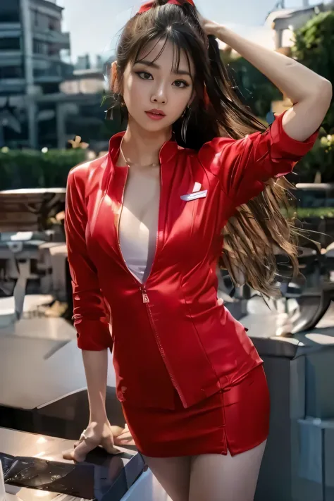 AirAsia long sleeve red jacket uniform、Very long hair that reaches down to the legs、Very long hair that reaches down to the legs...