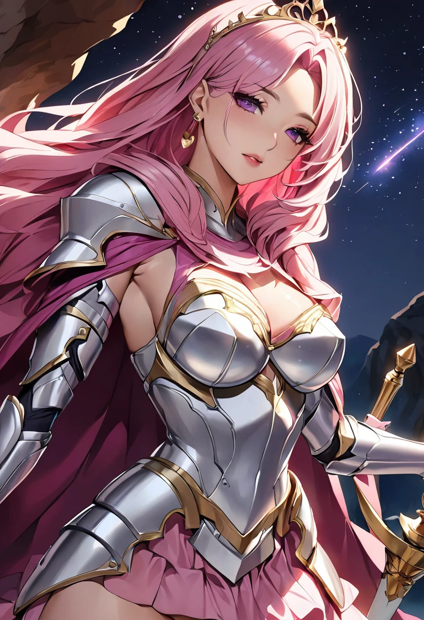 NSFW, masterpiece、highest quality、Ultra-high resolution、Maximum resolution、very detailed、Professional Lighting、anime、Adult women、thin、so beautiful、Beautiful face、Stargazing、Armored Dress、Pink full plate armor、Shiny Armor、White decoration、Gorgeous tiara、Golden earrings、Pink Hair、purple eyes、Pink Lips、Holding a sword、Cape、cave