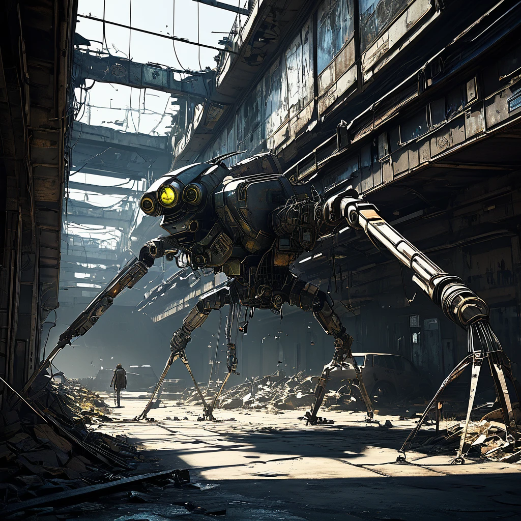 (best quality,highres),insectoid robots made of garbage and scrap,scouring an apocalyptic wasteland,finding useful parts,ruined environment,desolate landscape,dusty atmosphere,harsh sunlight,abandoned structures,dilapidated buildings and vehicles,destroyed cityscape,wreckage and debris,post-apocalyptic setting,mechanical insects crawling and flying,circuitry and wires exposed,mismatched metal parts,rusty and worn exteriors,detailed mechanical joints and limbs,dimly lit corridors,ominous shadows,unexpected beauty in the decay,futuristic technology,sharp edges and angles,unique and unconventional designs,gritty and industrial aesthetic,unconventional color palette,dystopian atmosphere,creative and resourceful,salvaged treasures and hidden gems,storytelling through visuals,visual narrative,evoking a sense of wonder and curiosity.