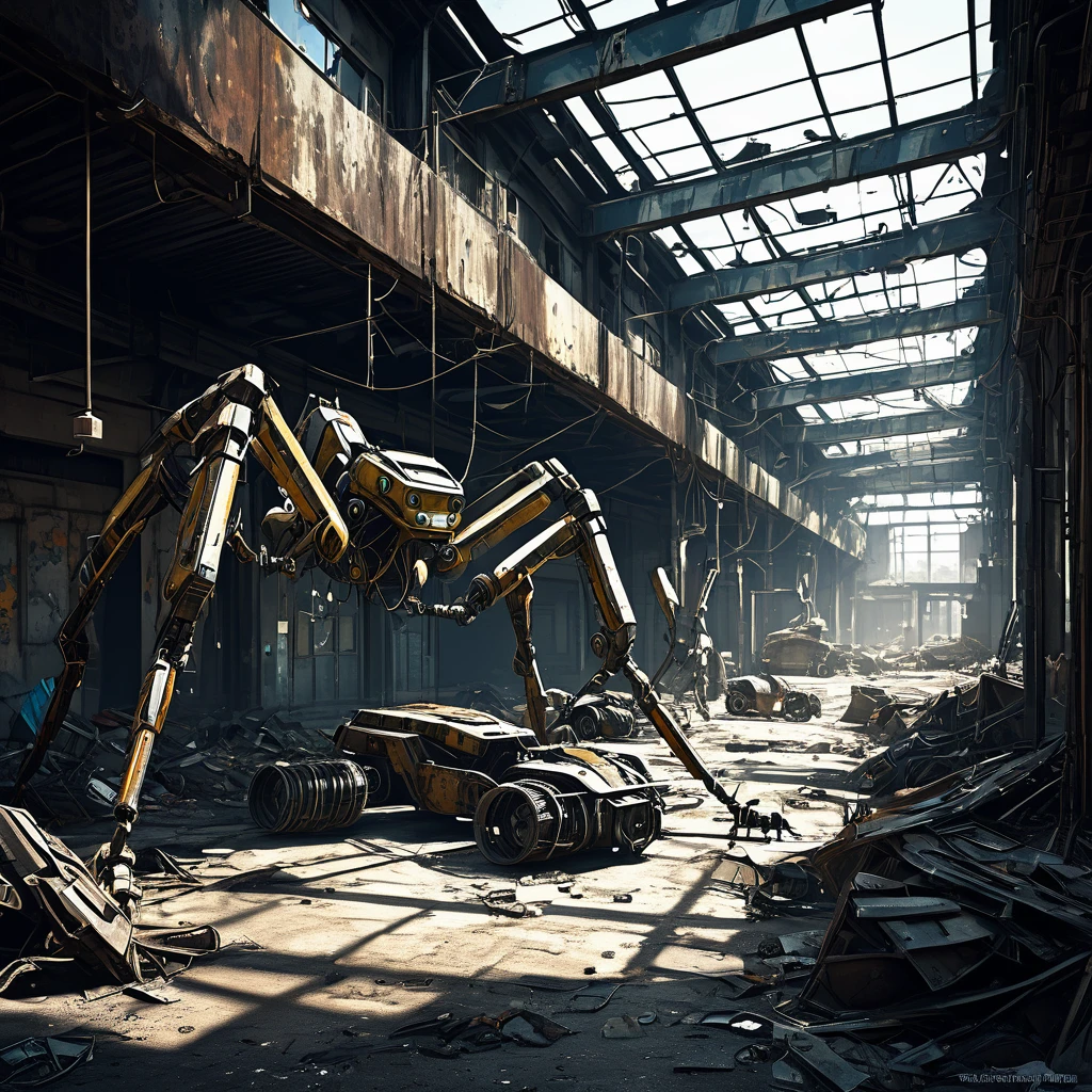 (best quality,highres),insectoid robots made of garbage and scrap,scouring an apocalyptic wasteland,finding useful parts,ruined environment,desolate landscape,dusty atmosphere,harsh sunlight,abandoned structures,dilapidated buildings and vehicles,destroyed cityscape,wreckage and debris,post-apocalyptic setting,mechanical insects crawling and flying,circuitry and wires exposed,mismatched metal parts,rusty and worn exteriors,detailed mechanical joints and limbs,dimly lit corridors,ominous shadows,unexpected beauty in the decay,futuristic technology,sharp edges and angles,unique and unconventional designs,gritty and industrial aesthetic,unconventional color palette,dystopian atmosphere,creative and resourceful,salvaged treasures and hidden gems,storytelling through visuals,visual narrative,evoking a sense of wonder and curiosity.