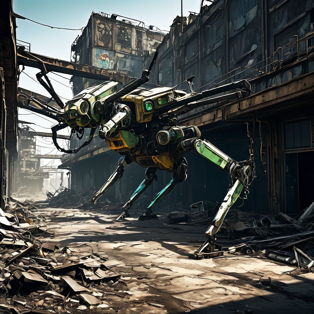 (best quality,highres),insectoid robots made of garbage and scrap,scouring an apocalyptic wasteland,finding useful parts,ruined environment,desolate landscape,dusty atmosphere,harsh sunlight,abandoned structures,dilapidated buildings and vehicles,destroyed cityscape,wreckage and debris,post-apocalyptic setting,mechanical insects crawling and flying,circuitry and wires exposed,mismatched metal parts,rusty and worn exteriors,detailed mechanical joints and limbs,dimly lit corridors,ominous shadows,unexpected beauty in the decay,futuristic technology,sharp edges and angles,unique and unconventional designs,gritty and industrial aesthetic,unconventional color palette,dystopian atmosphere,creative and resourceful,salvaged treasures and hidden gems,storytelling through visuals,visual narrative,evoking a sense of wonder and curiosity.