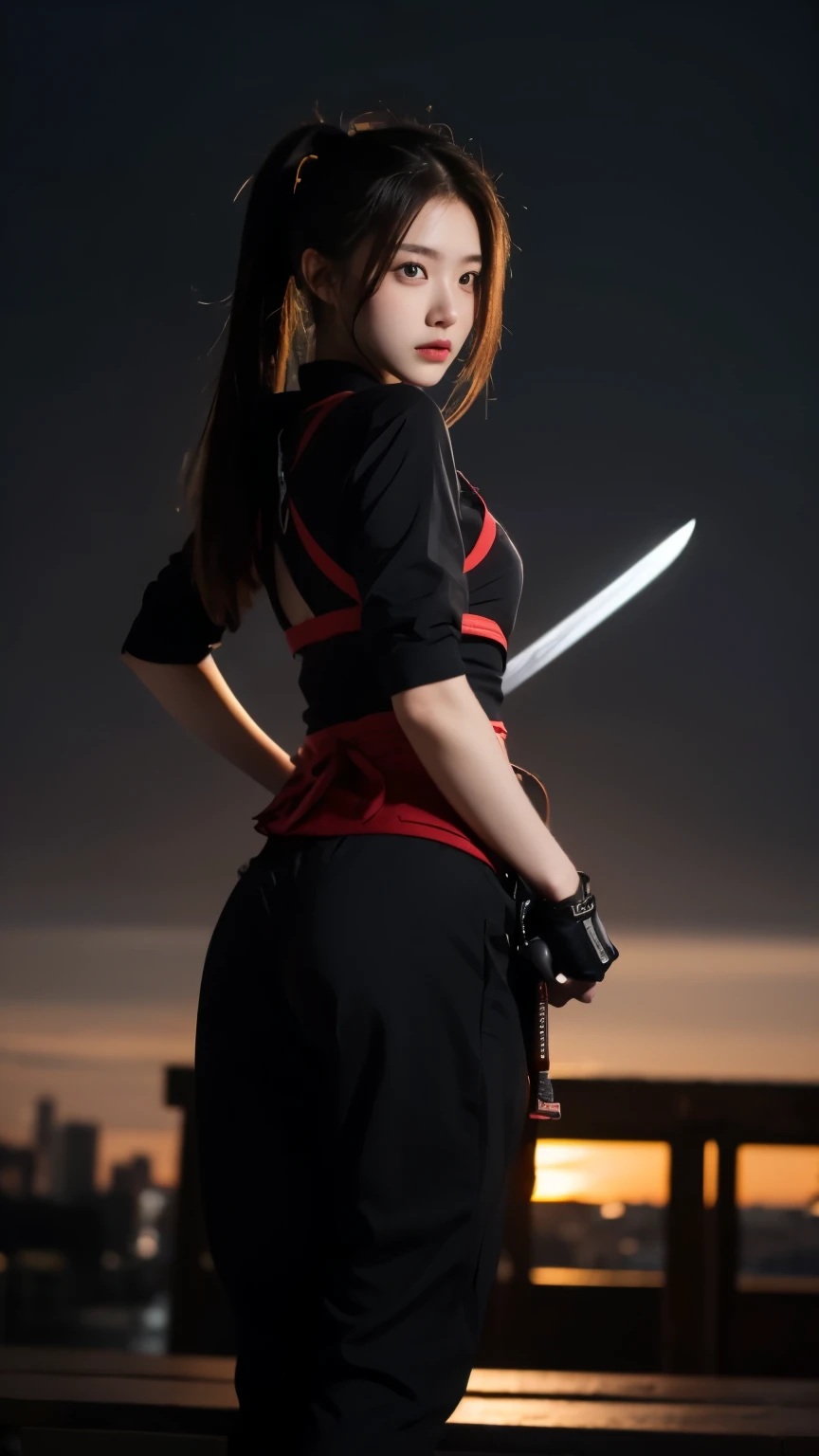 8k RAW photo, High resolution, 1 girl,. Night view, Ready to conquer the kingdom, ninja,Kunoichi,With a sword at his waist,shinobi, ninja mask, pony tail