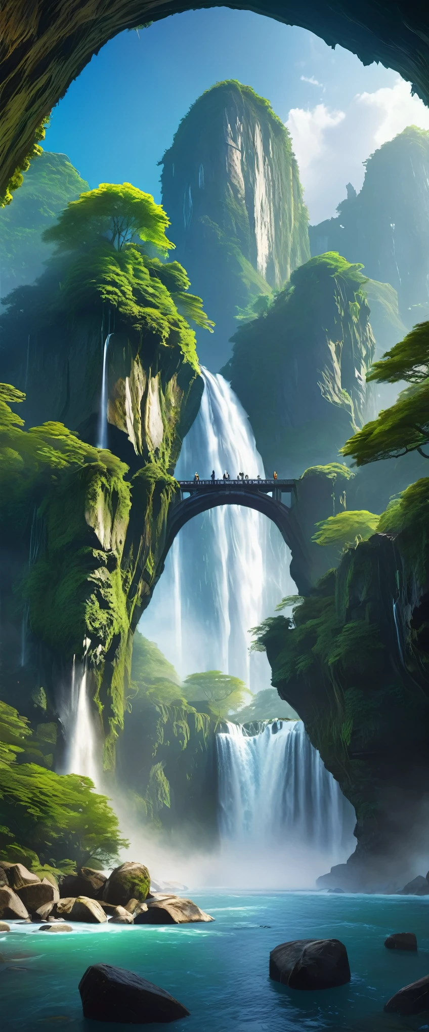 At the heart of this mysterious landscape、Towering cliffs overlooking breathtaking waterfalls。There are some arch-shaped stones on the top of the cliff.、It creates an out-of-this-world atmosphere。This enchanting setting、Top quality matte painting brings it to life、8K resolution delivers incredible detail and stunning realism。 For those looking to bring this captivating image into their home、There are portrait wallpaper options in both 8K and 4K resolutions。These high-definition renderings、Immerse yourself in this realistic fantasy world of the Lost Series、Perfect as a standalone piece of art