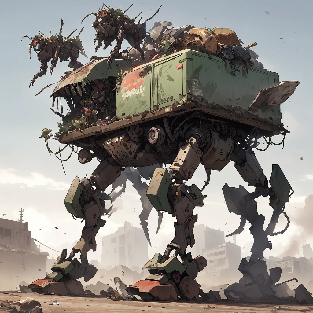 (best quality,highres),insectoid robots made of garbage and scrap,scouring an apocalyptic wasteland,finding useful parts,ruined environment,desolate landscape,dusty atmosphere,harsh sunlight,abandoned structures,dilapidated buildings and vehicles,destroyed cityscape,wreckage and debris,post-apocalyptic setting,mechanical insects crawling and flying,circuitry and wires exposed,mismatched metal parts,rusty and worn exteriors,detailed mechanical joints and limbs,dimly lit corridors,ominous shadows,unexpected beauty in the decay,futuristic technology,sharp edges and angles,unique and unconventional designs,gritty and industrial aesthetic,unconventional color palette,dystopian atmosphere,creative and resourceful,salvaged treasures and hidden gems,storytelling through visuals,visual narrative,evoking a sense of wonder and curiosity.