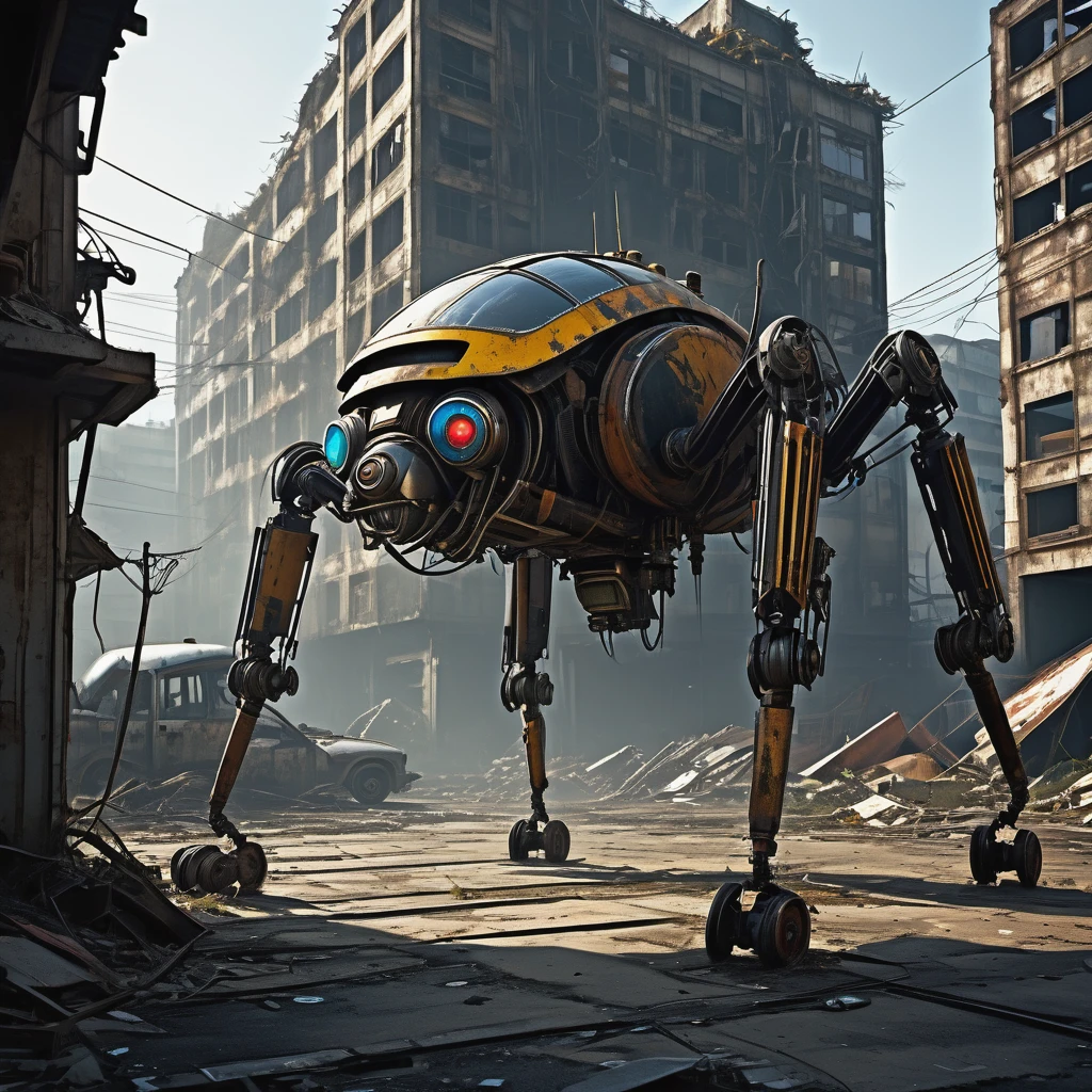 (best quality,highres),insectoid robots made of garbage and scrap,scouring an apocalyptic wasteland,finding useful parts,ruined environment,desolate landscape,dusty atmosphere,harsh sunlight,abandoned structures,dilapidated buildings and vehicles,destroyed cityscape,wreckage and debris,post-apocalyptic setting,mechanical insects crawling and flying,circuitry and wires exposed,mismatched metal parts,rusty and worn exteriors,detailed mechanical joints and limbs,dimly lit corridors,ominous shadows,unexpected beauty in the decay,futuristic technology,sharp edges and angles,unique and unconventional designs,gritty and industrial aesthetic,unconventional color palette,dystopian atmosphere,creative and resourceful,salvaged treasures and hidden gems,storytelling through visuals,visual narrative,evoking a sense of wonder and curiosity.