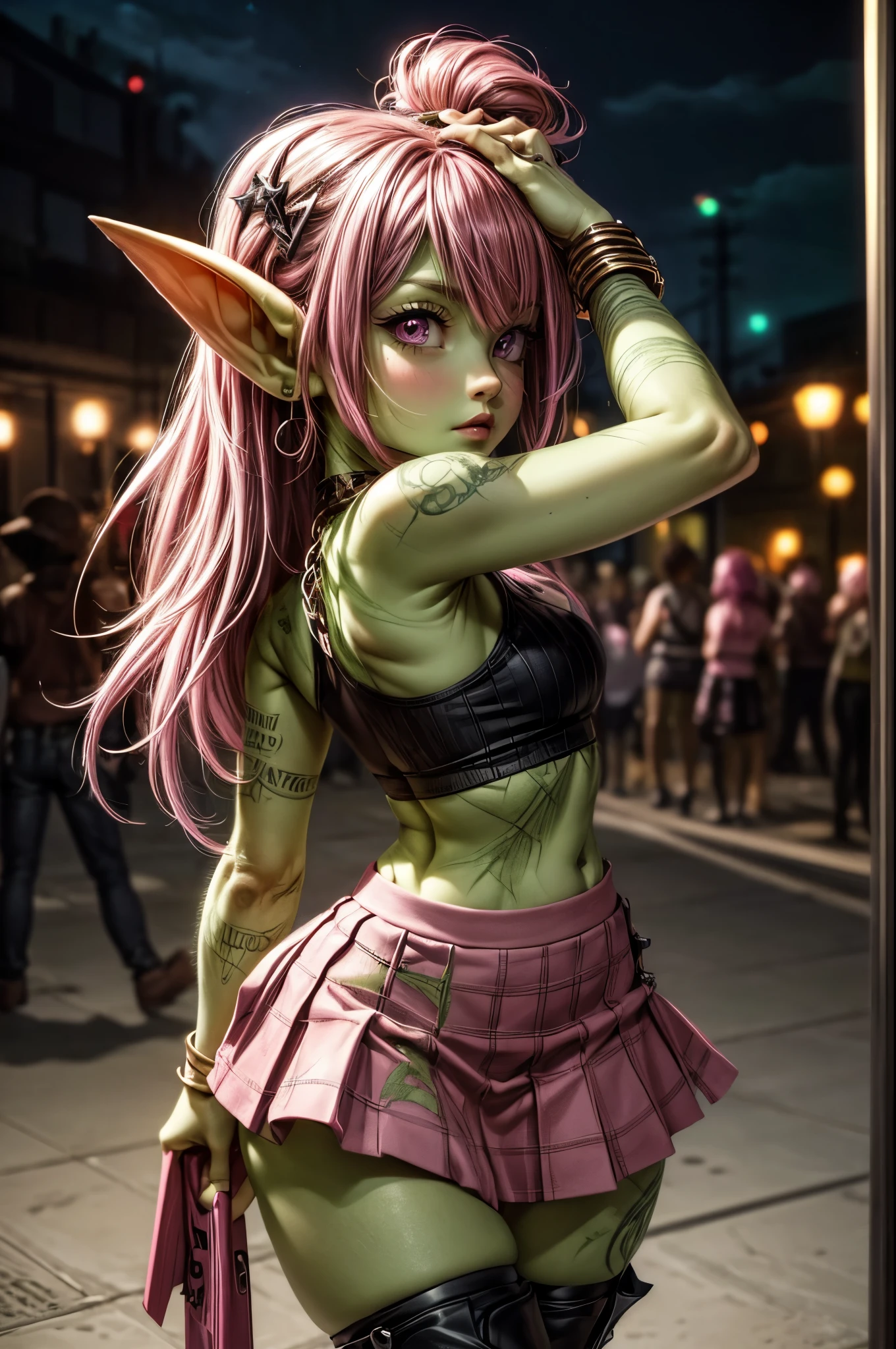 absurd resolution, ((best quality)), ((masterpiece)), (very detailed), 4k, goblin girl, hardcore punk rocker, pink hair, brown eyes, pink tank top, wearing microskirt, wearing chains, pink eye makeup, ripped fishnets, ((green skin)), small pointy ears, thigh boots, standing outside of a punk club, signing autographs for a crowd of fans, looking at viewer, holding pen and notepad, surrounded by adoring fans