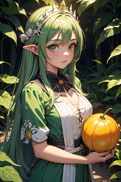 (work of art), best qualityer, expressive eyes, face perfect, two adventurous girls, ( 1 girl, elf ears, hair blonde, greeneyes, green dress, jewerly, magic user), ( 2 girl, elf ears, hair orange, eyes browns, leather armour, Fighter) , magical forest background