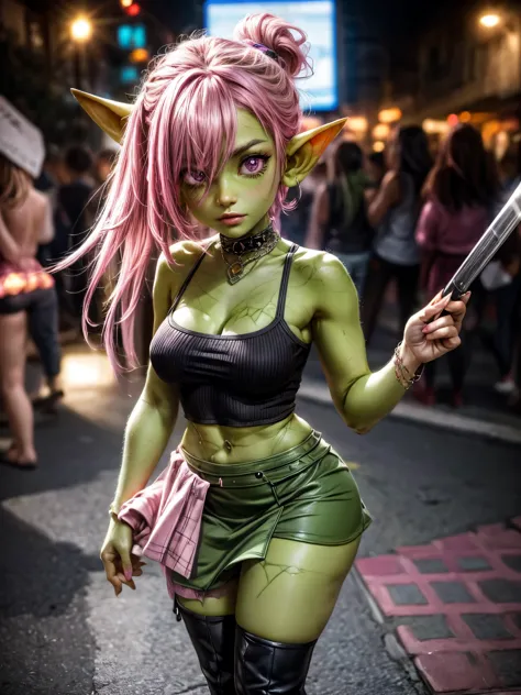 absurd resolution, ((best quality)), ((masterpiece)), (very detailed), 4k, goblin girl, hardcore punk rocker, pink hair, brown e...