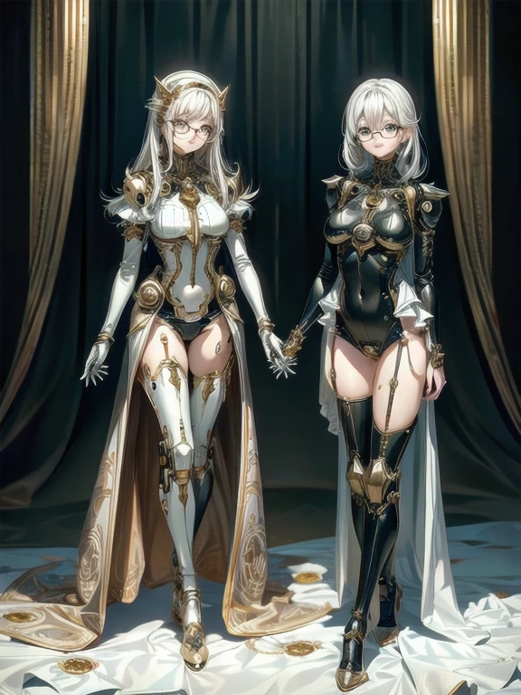 5 8K UHD,
 two beautiful robot women with internal skeletons in silver metallic bespectacled bodies kneeling,
 gold and silver metal robot with transparent exoskeleton,
 their face is a beautiful human face,
 full body shot.