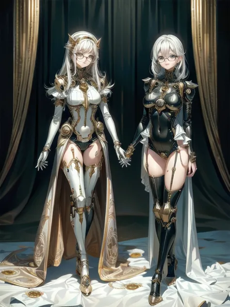 5 8K UHD,
 two beautiful robot women with internal skeletons in silver metallic bespectacled bodies kneeling,
 gold and silver m...