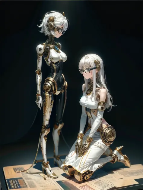 5 8K UHD,
 two beautiful robot women with internal skeletons in silver metallic bespectacled bodies kneeling,
 gold and silver m...