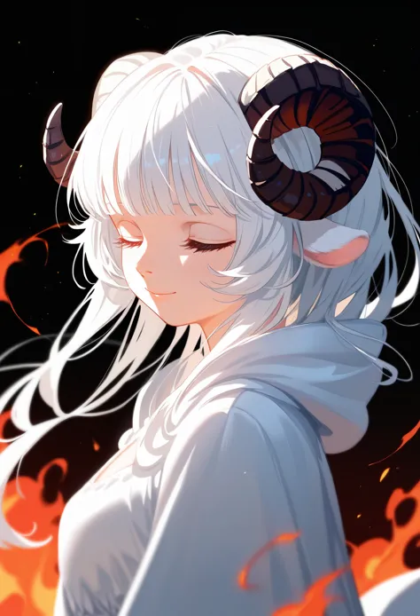 (score_9, score_8_up, score_7_up), 1girl, solo, sheep horns, curled horns, black horns, white sheep ears, white hair, long hair,...