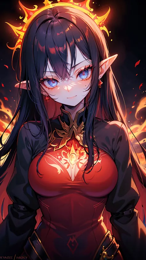 portrait of an fire elf, fire around, fire theme, shiny blue eyes, light hot smile, arrogant facial expression, sexy Russian sty...