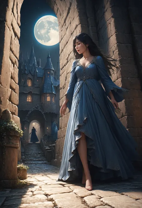 (full moon night、a black-haired girl walks in the castle courtyard), (highest quality, 4k, high resolution, masterpiece:1.2), ve...