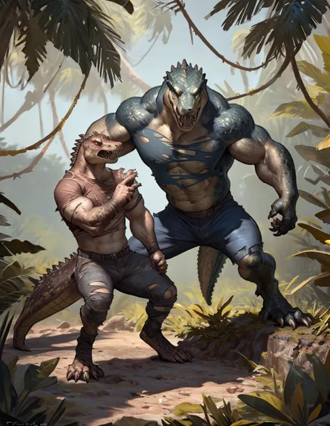 Duo, male muscular man and woman morphing into anthro alligators, by taran fiddler, duo, jungle, , expressive, dynamic, attracti...