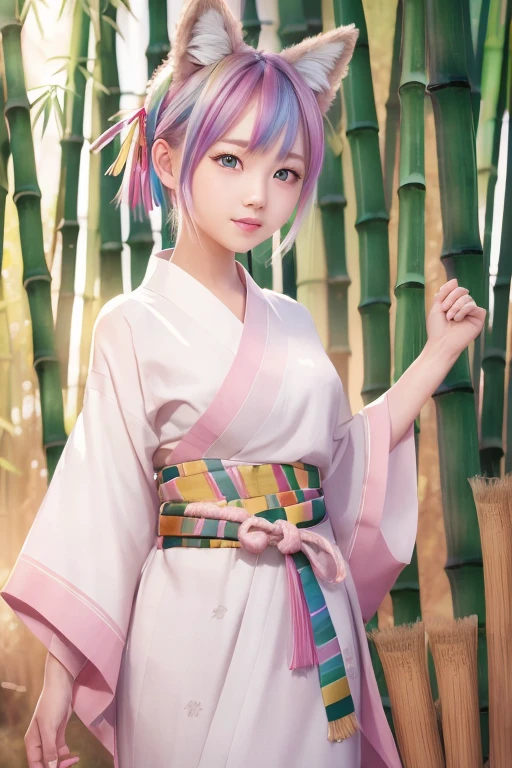 masterpiece, Highly detailed CG Unity 8k wallpaper, an extremely cute and beautiful girl, (Beautifully detailed eyes and face), break,
One girl, alone, cute, smile, Multicolored Hair, Very short hair, Animal ears, Wolf Ears, Red eyes, Cowboy Shot, (Detailed yukata), break,
Tanabata Festival, Tanabata Festival,
(Colorful pieces of paper hanging from bamboo:1.4),