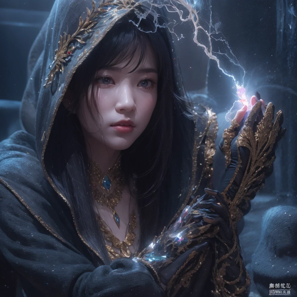 Asian fairy wearing silk hooded and glowing gloves，Lateral face，A collarless coat，Lightning hands，sunglasses，Cyberpunk smoke，（（（Boxing gloves））），（（（Side view））（Ultra-detailded）（illustration）（Detailed lighting）（（Telephoto Tilt-Shift））（nmasterpiece）（sunny day background）（Ultra-detailded）（photorealestic），（Detailed light），（（an extremely delicate and beautiful one），（（faerie）），（（lightning in hand）），Lightning surrounds the fairy，（（lightning chain）），Suspended crystals，There is lightning inside the crystal，