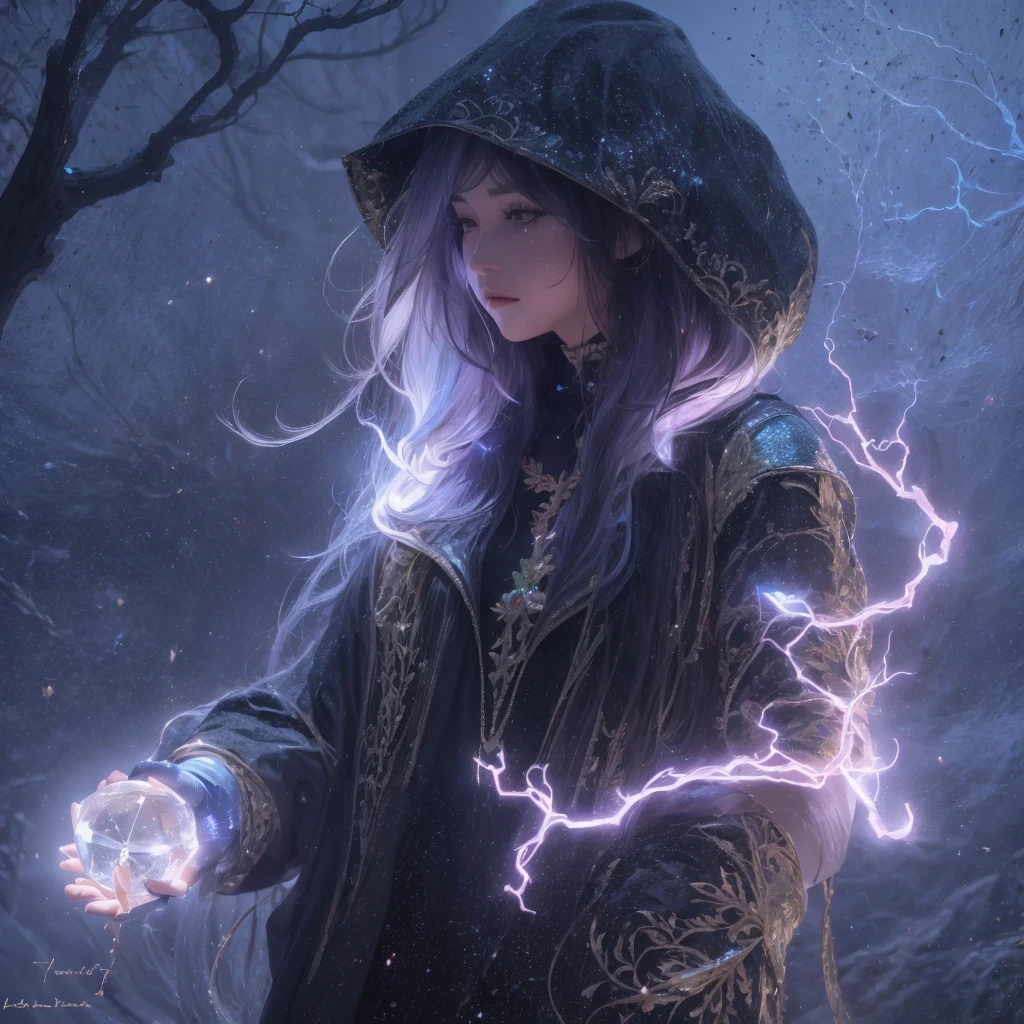 Asian fairy wearing silk hooded and glowing gloves，Lateral face，A collarless coat，Lightning hands，sunglasses，Cyberpunk smoke，（（（Boxing gloves））），（（（Side view））（Ultra-detailded）（illustration）（Detailed lighting）（（Telephoto Tilt-Shift））（nmasterpiece）（sunny day background）（Ultra-detailded）（photorealestic），（Detailed light），（（an extremely delicate and beautiful one），（（faerie）），（（lightning in hand）），Lightning surrounds the fairy，（（lightning chain）），Suspended crystals，There is lightning inside the crystal，