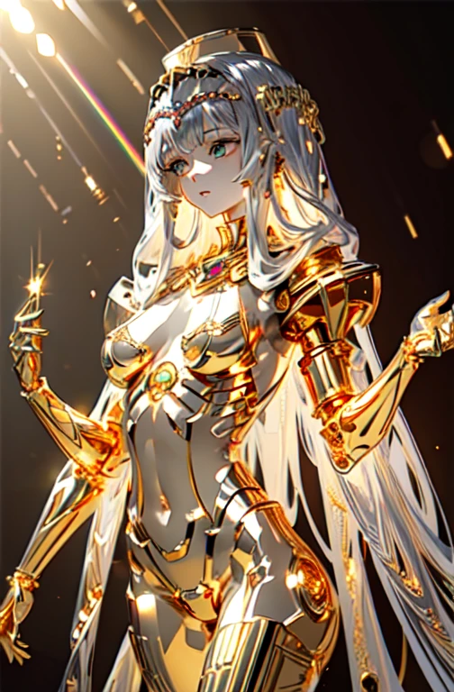 highest quality, masterpiece, High resolution, (Exquisite body: 1.5), Gorgeous face, (metal skin: 1.3), Intricate details, High resolution, wallpaper, whole body, 
whole bodyショット, 1 Girl, translucent robotic body, Naked skeleton, tied to a transparent tube, (((((Gold and silver body parts)))), Big eyes, Silver floating hair, Natural pose, 
16k, High resolution, High Resolution, Depth Field, (Film Grain: 1.1), Book, Golden Hour, (Lens flare), Vignette, rainbow, (Color Grading: 1.5)