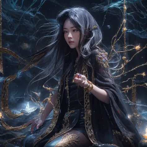 asian fairy wearing silk hooded and glowing gloves，lateral face，a collarless coat，lightning hands，sunglasses，cyberpunk smoke，（（（...