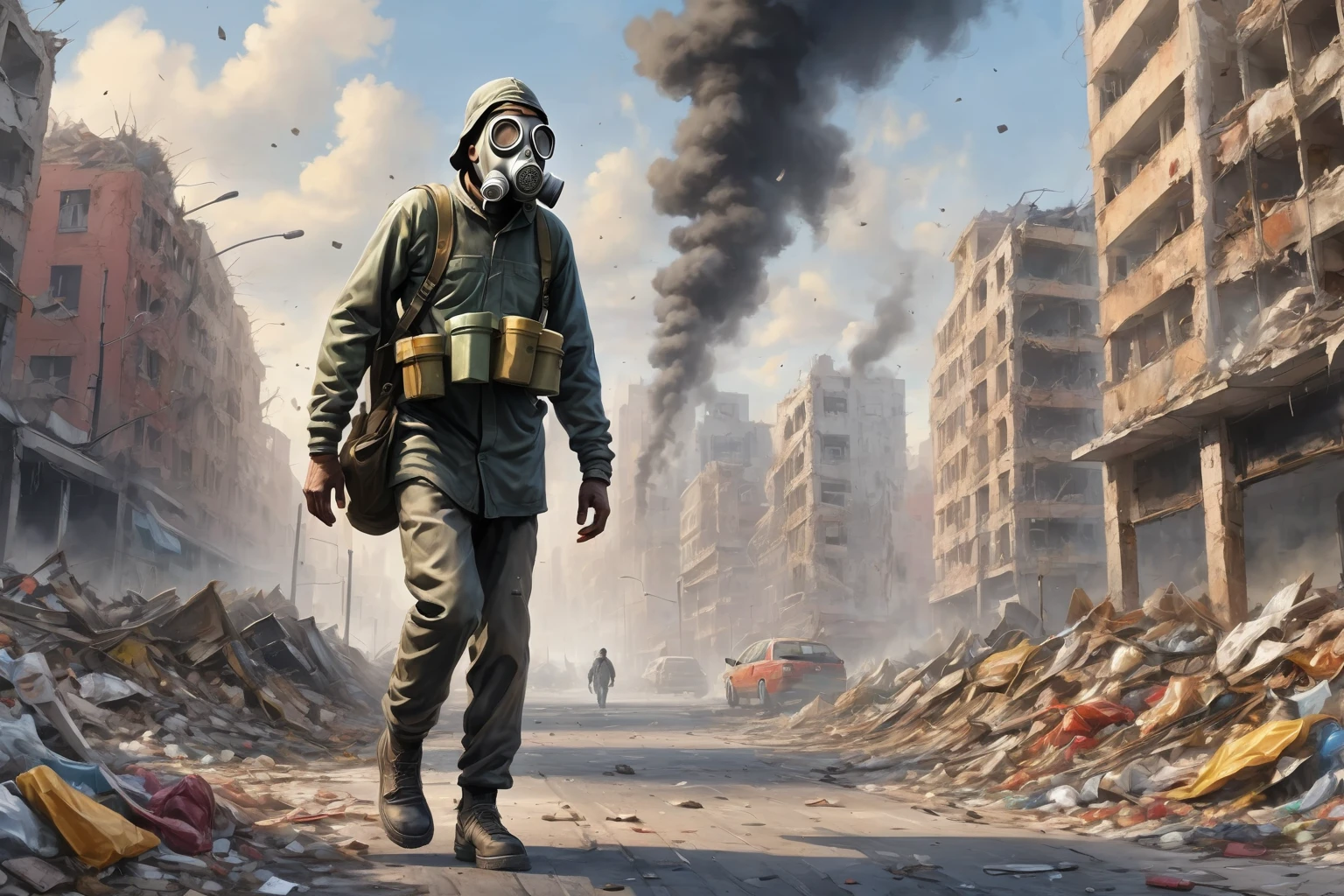 Araaf man wearing a gas mask walks through the destroyed city，Garbage World Miscellaneous 2D Game Scenes Large City Skyline, Oil painting and watercolor, (masterpiece:1.2), best quality, (Ultra Detailed, The most detailed:1.2), High resolution textures,