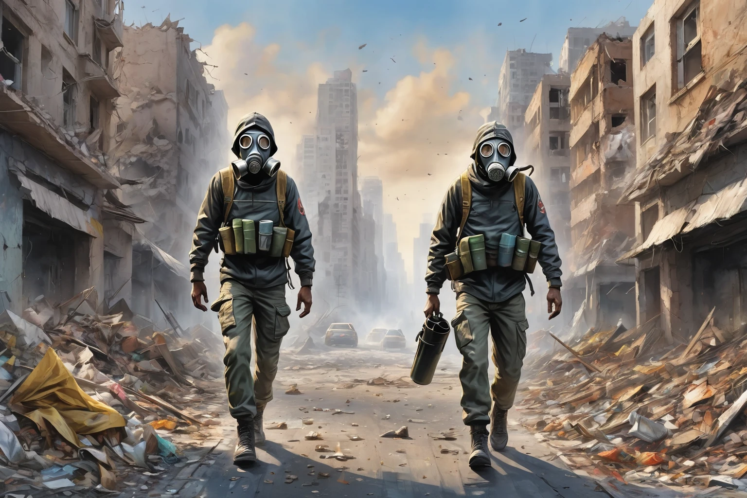Araaf man wearing a gas mask walks through the destroyed city，Garbage World Miscellaneous 2D Game Scenes Large City Skyline, Oil painting and watercolor, (masterpiece:1.2), best quality, (Ultra Detailed, The most detailed:1.2), High resolution textures,